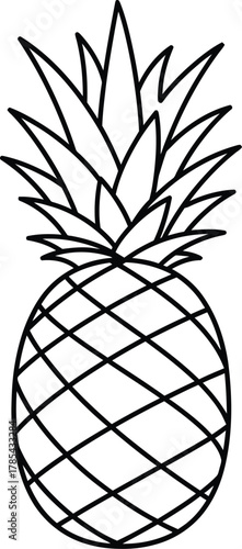 A detailed line drawing illustration of a single pineapple, showcasing its textured rind and spiky crown, a tropical fruit isolated on white background