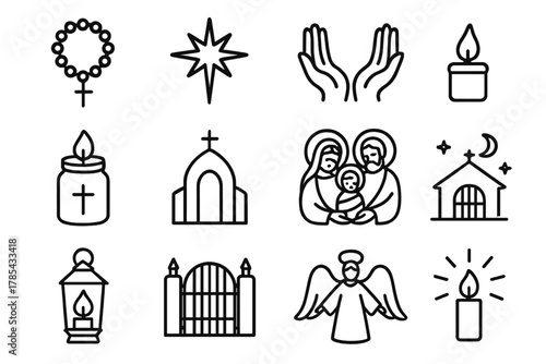 Sacred Outline Icons. Sacred Gathering outline icon set: rosary, star of Bethlehem, open palms, candle jar, cross, church arch, holy family, lantern, house gate, angel figure,