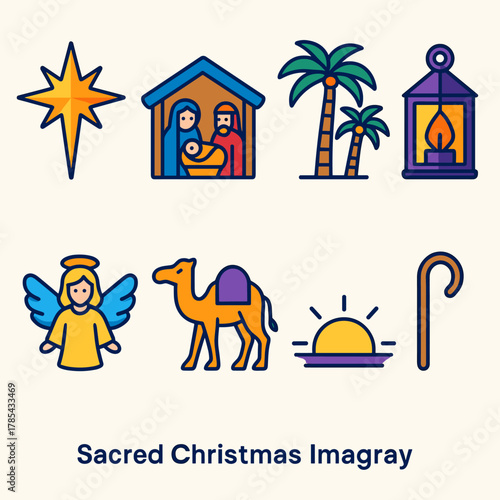 Sleek Sacred Icons. Sacred Christmas Imagery modern flat icon set: Bethlehem star, nativity, palm trees, lantern, angel, camel, horizon light, shepherd staff.