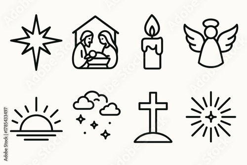 Sacred Christmas Icons. Divine Christmas Symbol outline icon set: brilliant star, nativity scene, candle flame, angel wings, horizon glow, night clouds, cross, light burst.
