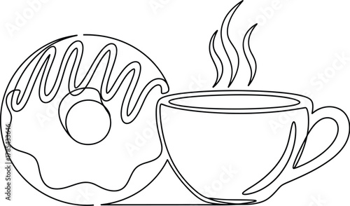 A continuous line drawing of a delicious donut with icing and a steaming cup of coffee, representing breakfast, a snack, or a coffee break, isolated on white background