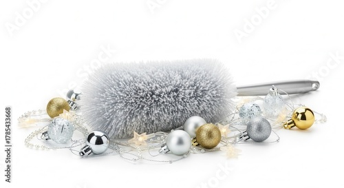 Fluffy duster surrounded by Christmas ornaments and decorations on white background
