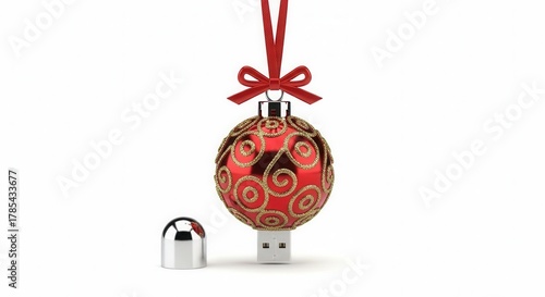 USB flash drive shaped like a miniature Christmas ornament with decorative patterns on white background
