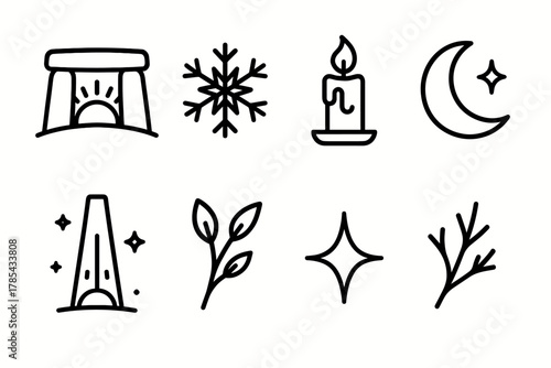 Solstice Symbols in Black. Ancient Solstice outline icon set: stone circle, dawn light, snowflake, candle, moon, sky beam, branch, sparkle.