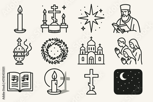 Orthodox New Year Vigil. Orthodox New Year Vigil outline icon set: midnight candlelight, holy altar, glowing star, priest reading scripture, brass censer, pine wreath, church