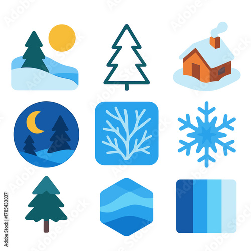Winter Icon Set. Winter Art Inspiration modern flat icon set: snowy landscape, pine tree outline, frozen lake, cabin in snow, moonlit forest, frost texture, watercolor snowflake,