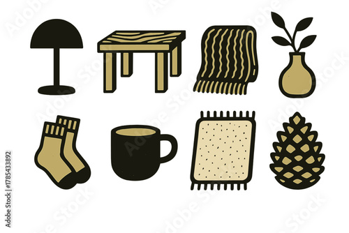Scandinavian Home Icons. Scandinavian Aesthetic bold vector icon set: minimalist lamp, natural wood table, cozy blanket, vase with twig, wool socks, ceramic cup, white rug, pine