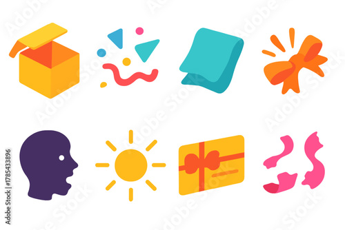 Isometric Gift Icons. Excited Gift Opening modern flat icon set: open box lid, flying confetti, tissue paper, ribbon burst, surprised face silhouette, glowing light, gift card,