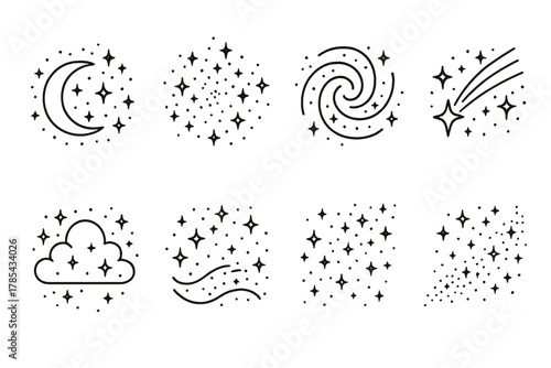 Celestial Icon Array. Mystical Glitter Sky outline icon set: moon halo, glitter dust, cosmic swirl, shooting star, glowing cloud, stardust wave, twinkle pattern, luminous path.