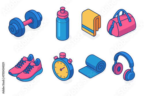 Workout Essentials Icons. Workout Basics modern flat icon set: dumbbell, water bottle, towel, gym bag, sneakers, stopwatch, mat, headphones.