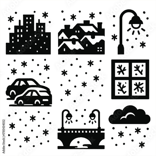 Bold Winter Icons. Urban Winter View bold vector icon set: city skyline, snow-covered rooftops, streetlights glowing, frosty windows, parked cars, snowflakes falling, bridge lights