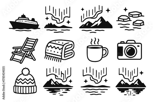 Aurora Cruise Icons. Northern Lights Voyage outline icon set: ship silhouette, aurora sky, stars, mountain horizon, ice floe, deck chair, cozy blanket, hot drink, camera, wool hat,