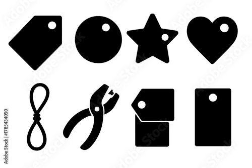 Brutalist Gift Tag Icons. Classic Gift Tags bold vector icon set: rectangular tag, round tag, star tag, heart tag, twine loop, hole punch, folded label, blank tag.