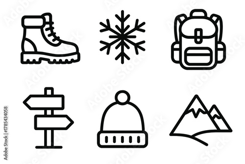 Winter Hiking Icons. Winter Hiking outline icon set: boots, snowflake, backpack, trail sign, hat, mountain.
