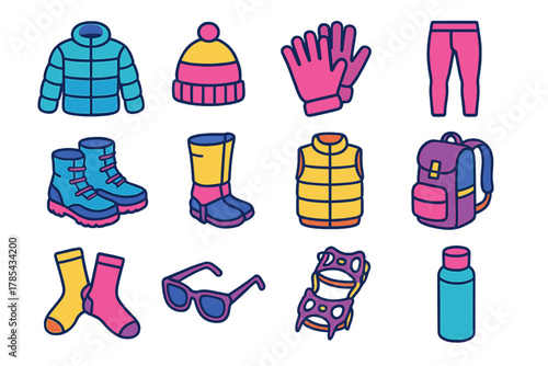 Winter Gear Icons. Cold Weather Gear modern flat icon set: thermal jacket, hat, gloves, leggings, boots, gaiters, vest, backpack, socks, sunglasses, snow traction, insulated bottle