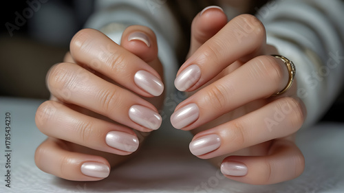 Illustration of elegant female hands with perfectly manicured pearlescent nude nails and a gold ring