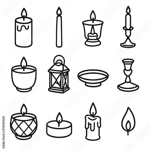 Candle Icon Collection. Classic Styles outline icon set: pillar candle, taper candle, glass holder, metal stand, ceramic cup, lantern, tray, brass base, crystal bowl, tealight, wax