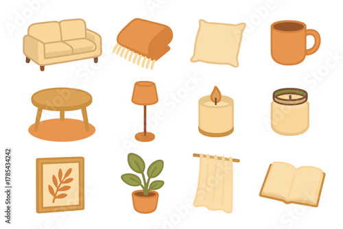 Cozy Living Icon Set. Minimal Cozy Living modern flat icon set: neutral sofa, wool blanket, linen pillow, ceramic mug, wooden table, soft rug, floor lamp, candle jar, framed print,