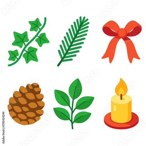 Ivy Fir Decor Icons. Ivy & Fir Decor modern flat icon set: ivy vine, fir branch, ribbon, pinecone, leaf cluster, candle.