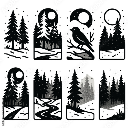 Silent Winter Forest. Silent Forest outline icon set: tall pines, snowy ground, bird silhouette, moonlight, shadow line, snowflakes, frozen stream, fog.