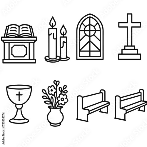 Sacred Church Altar. Sacred Service Scene outline icon set: church altar, open Bible, lit candles, stained glass window, cross, chalice, flower arrangement, pews.