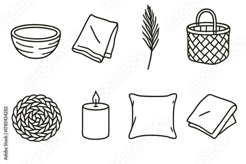 Minimalist Home Decor Icons. Natural Simplicity outline icon set: wooden bowl, linen napkin, pampas grass, rattan basket, woven mat, candle, neutral pillow, cotton fabric.