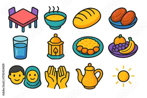 Iftar Icon Set. Iftar Gathering modern flat icon set: dining table, soup bowl, bread, dates, glass of water, lantern, family plate, fruit platter, tea pot, smiling faces, prayer