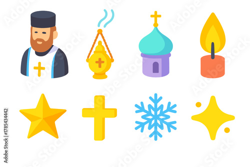 Winter Blessing Icons. Winter Blessing modern flat icon set: priest, censer, church dome, candle flame, star, cross, snowflake, glow.