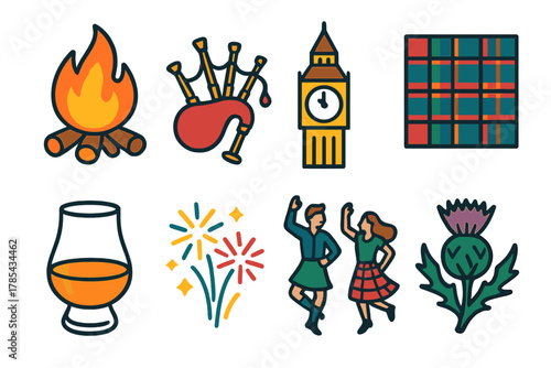 Scottish Hogmanay Icons. Scottish Hogmanay modern flat icon set: bonfire, bagpipes, clock tower, tartan pattern, whisky glass, fireworks, dancing couple, thistle.