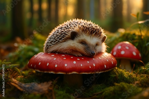 Hedgehog Sleeping on Giant Mushroom