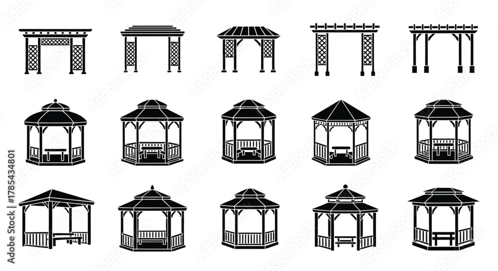 Fototapeta premium Different gazebo and pergola designs for backyard garden landscaping ideas