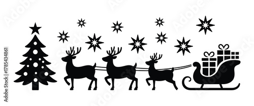 Festive christmas scene with reindeer pulling santas sleigh. Vector