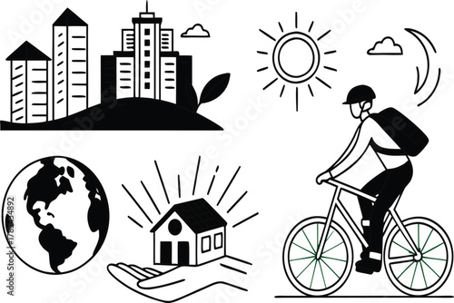 Hand drawn illustration of sustainable lifestyle, eco friendly city, and green energy