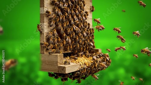 Green Screen custer of bees hardworking honeybee swarm in apiary honeybees fly on background honey bee hive with natural pollen and propolis beekeeping apiarist concept flying scene 1 distortion