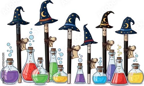 Halloween witch hats and potion bottles displayed together on white background