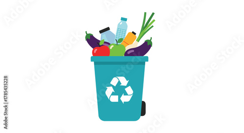 A blue recycling bin with a recycling symbol, filled with fresh fruits, vegetables, plastic bottles, and glass, representing sustainable waste management.