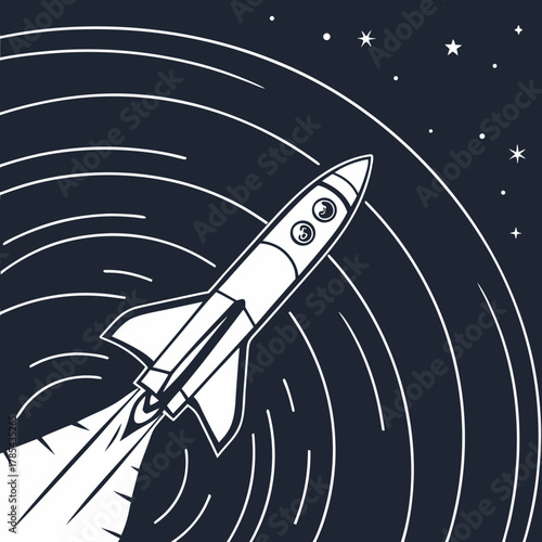 Rocket ship navigates through swirling cosmic currents in the vast expanse