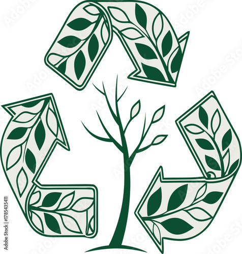 Recycling symbol with leaves and a tree growing inside, representing ecofriendly practices