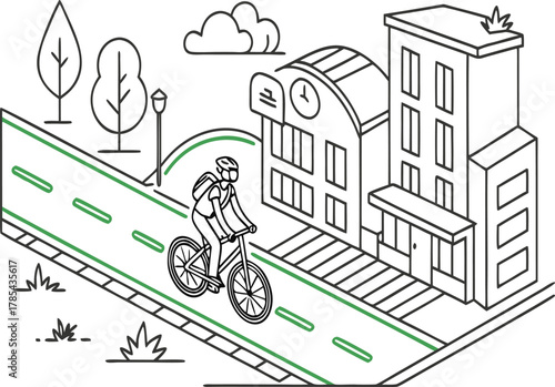 Line art of cyclist riding bicycle on street in city for urban transportation concept