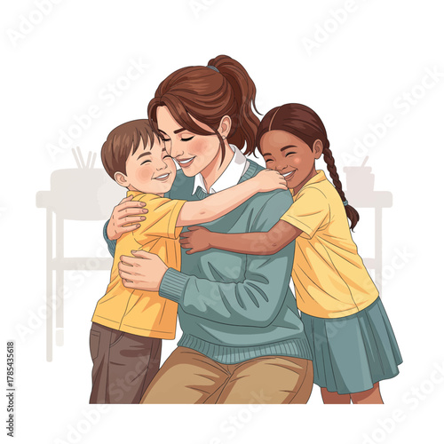 A teacher embraces two students, expressing love and affection in a classroom setting.