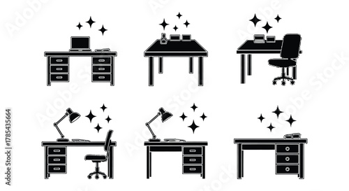 Clean desk icon set vector, office desk, workspace desk, study desk icon