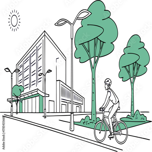 Line art of cyclist riding bicycle on street with building and tree for urban scene