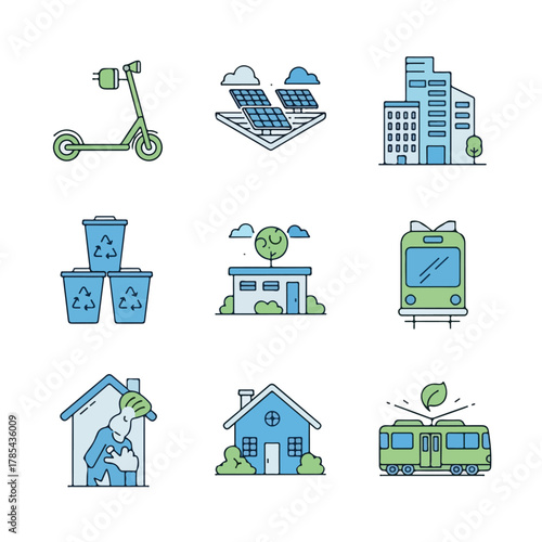 A set of sustainable lifestyle vector icons depicting eco-friendly transportation, renewable energy, and recycling, with a focus on green technology and environmentally responsible living.