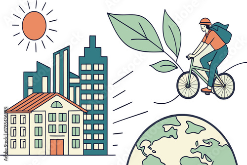 Person riding bicycle in city with sun, building, leaf, and earth