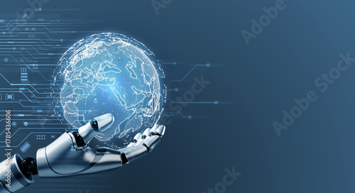 Futuristic technology concept with robotic hand hold digital world globe and circuit pattern, symbolizing AI, robotics, global data, digital transformation, innovation, evolution and tech revolution.