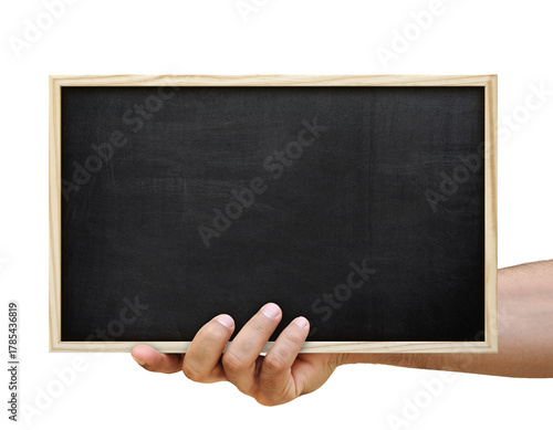 Hand Holding A Black Chalkboard Ideal For Presentation And Branding Mockup Concepts