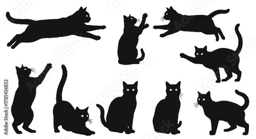 Black cat silhouette vector set, cute cats in different poses isolated