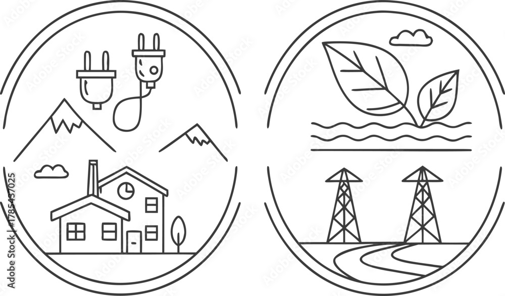 Fototapeta premium Renewable energy sources and consumption in nature, industry and home