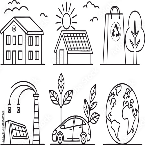 Linear illustration of ecofriendly lifestyle with house, solar panel, bag, tree, car and earth