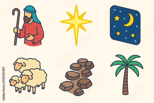 Guided by Light Icons. Guided by Light modern flat icon set: shepherd figure, glowing star, flock of sheep, night sky, rocky path, palm tree.